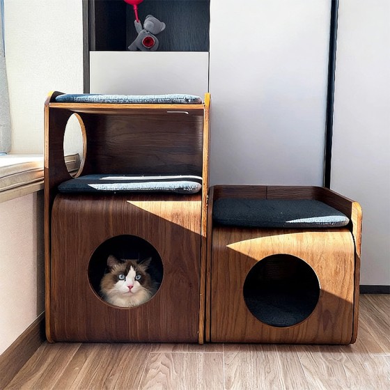 猫窝四季通用封闭式树洞猫屋实木共用家具猫几