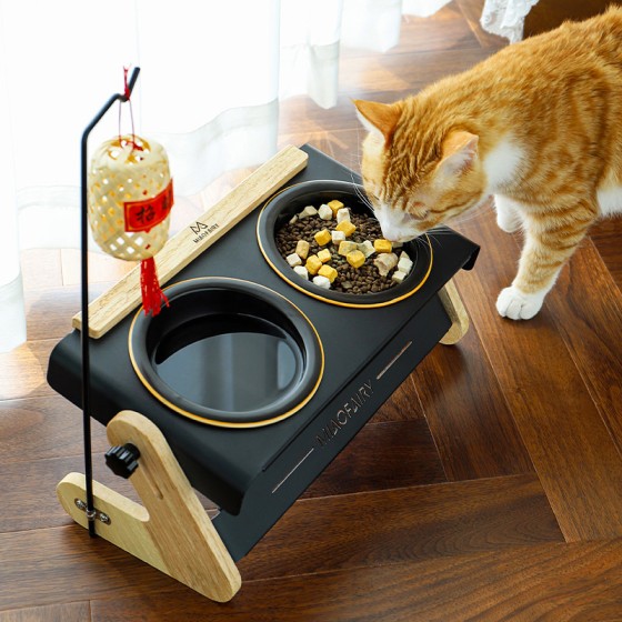 猫碗陶瓷实木碗架可调节斜面护颈狗碗双碗水碗慢食碗盆