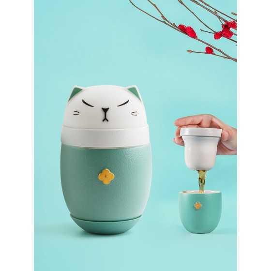 泊喜猫都督茶水分离陶瓷水杯泡茶杯子办公室便携带盖水杯礼盒送礼